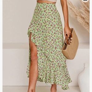 BTFBM High Low Green Floral Slit Skirt